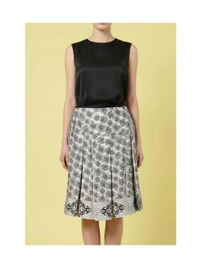 White House Black Market Black & White Pleated Silk Midi Skirt